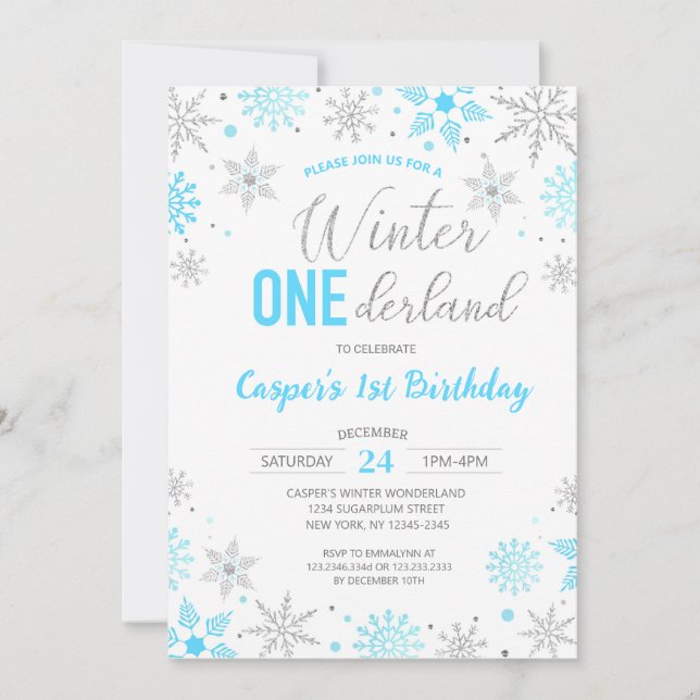 Blue Boy Winter Onederland Snowflake 1st Birthday Invitation (Front)