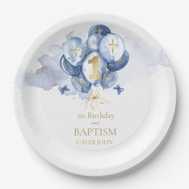 Blue Boys 1st Birthday and Baptism Paper Plate (Front)