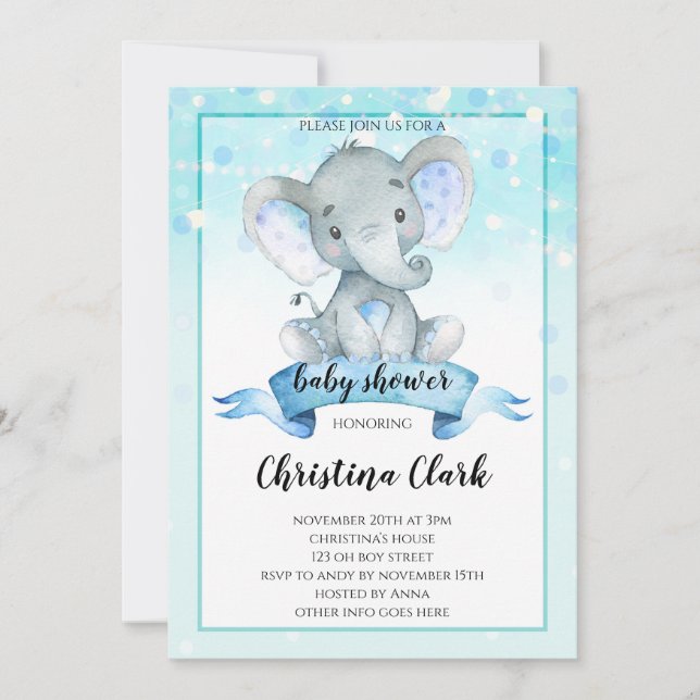 Blue Boys Baby Elephant Baby Shower Invitation (Front)