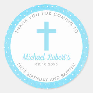 Blue Boys Baptism 1st Birthday Favour Thank You Classic Round Sticker