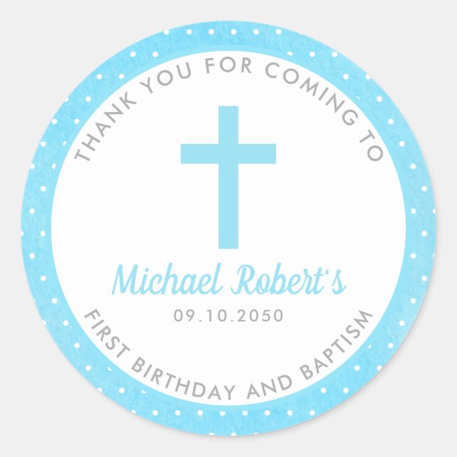 Blue Boys Baptism 1st Birthday Favour Thank You Classic Round Sticker (Front)