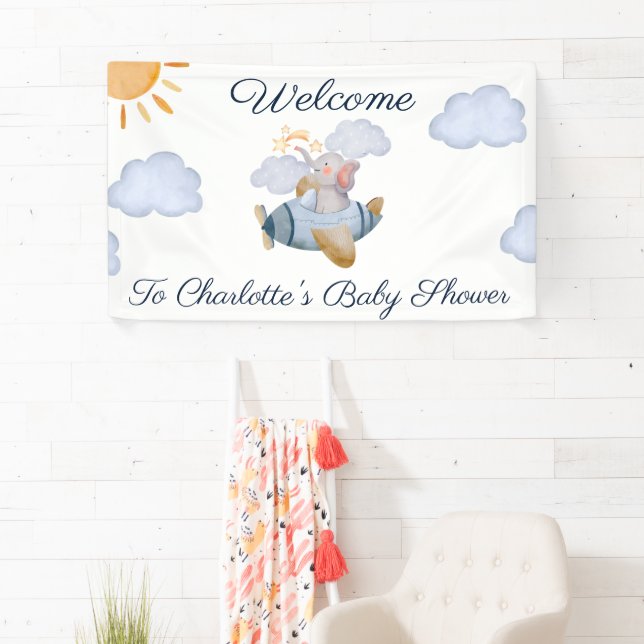 Blue Boy's Elephant Plane Baby Shower Banner (Insitu)