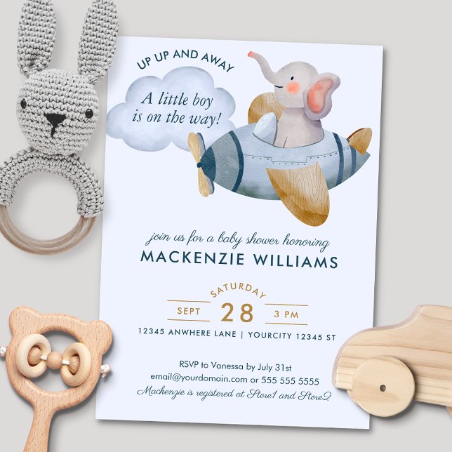 Blue Boy's Elephant Plane Watercolor Baby Shower  Invitation (Creator Uploaded)