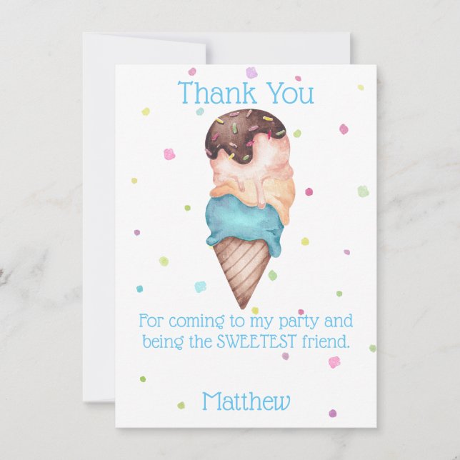 Blue Boys Ice Cream Birthday Party Thank You Card (Front)