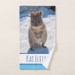 Blue Boys Kids Quokka Beach Personalized Hand Towel<br><div class="desc">An extremely cute and comfortable blue hand towel featuring a quokka on the beach. You can personalize / customize it with your own name. Perfect for kids / boys. Also a great gift idea for any birthday or holiday. Brighten up any bathroom with this adorable fluffy towel! Personalise / customise...</div>