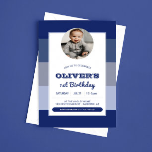 Blue Boys Photo 1st Birthday Invitation