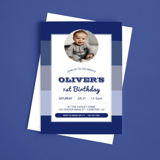 Blue Boys Photo 1st Birthday Invitation (Creator Uploaded)