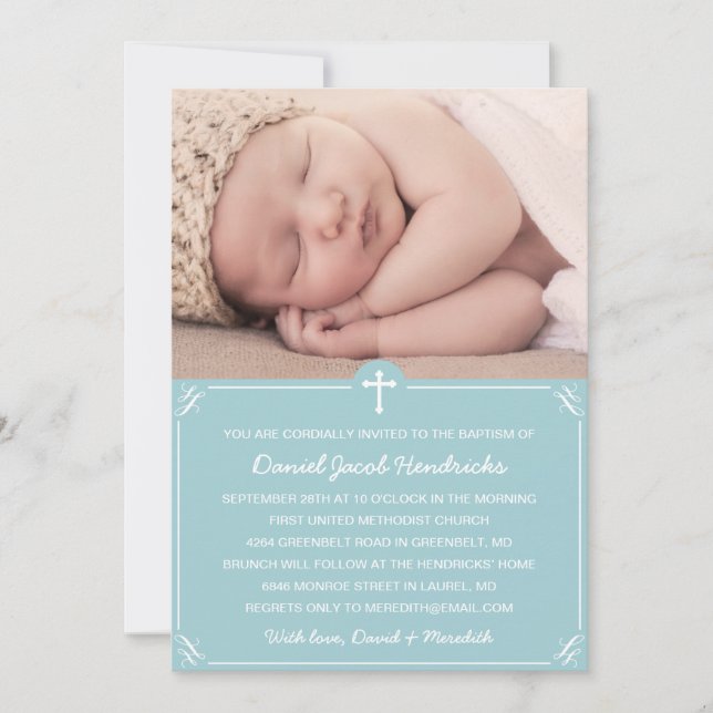 Blue Boys Photo Baptism/Christening Invitation (Front)