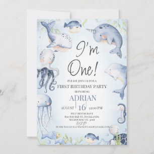Blue Boys Under the Sea Creatures 1st Birthday  Invitation