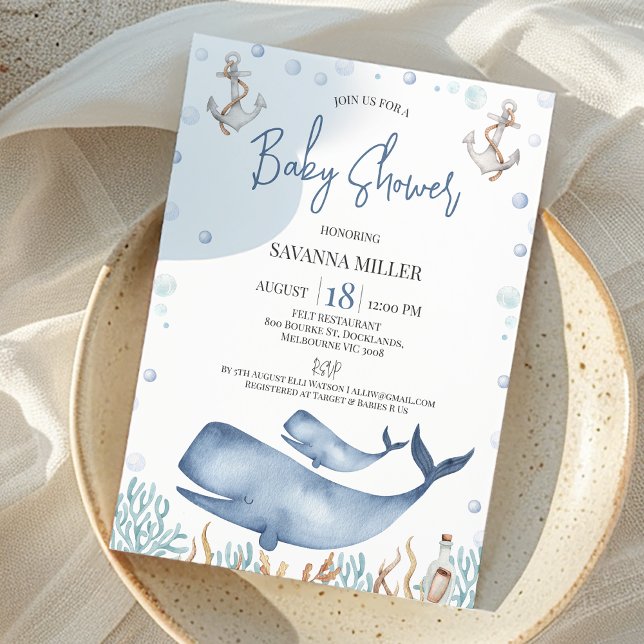 Blue Boys Whale Calf Baby Shower Invitation (Whale Baby Shower Invitation Boy, Whale Calf Baby Shower Invite, Ocean Under the Sea Baby Shower)