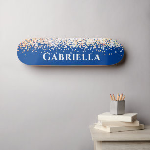 Blue Brass Gold Faux Glitter Aesthetic Custom Name Skateboard