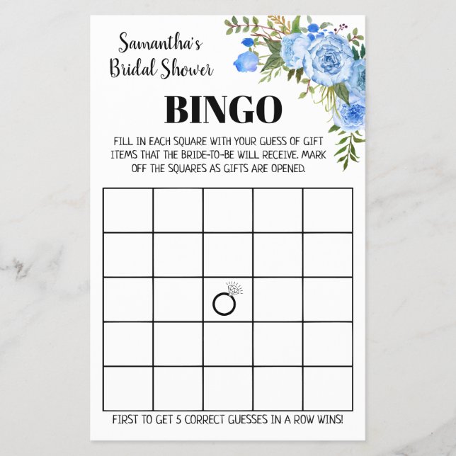 Blue Bridal Shower Bingo english spanish game card (Front)