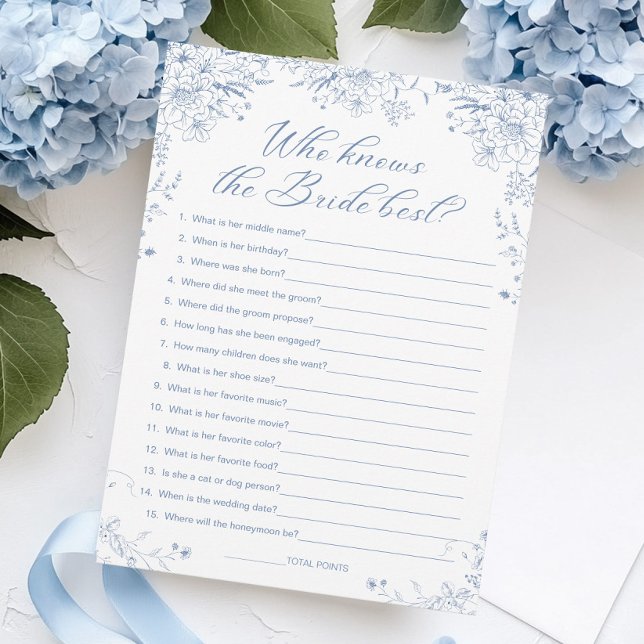 Blue Bridal Shower Who Knows Bride Game Card (Creator Uploaded)