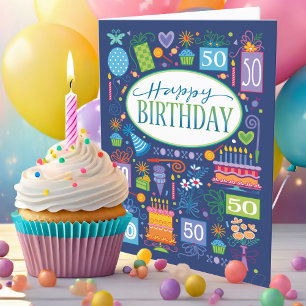 Blue Bright Pastel Icons 50th Birthday Card