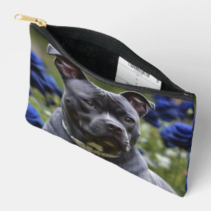 "Blue Brindle Beauty: A Staffy With Blue Roses Accessory Pouch