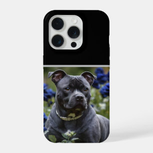 "Blue Brindle Beauty: A Staffy With Blue Roses iPhone 15 Pro Case