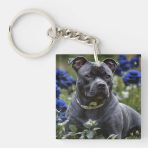 "Blue Brindle Beauty: A Staffy With Blue Roses Key Ring
