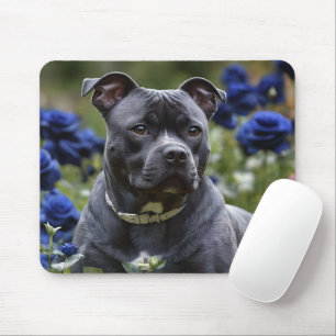 "Blue Brindle Beauty: A Staffy With Blue Roses Mouse Pad