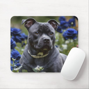 "Blue Brindle Beauty: A Staffy With Blue Roses Mouse Pad