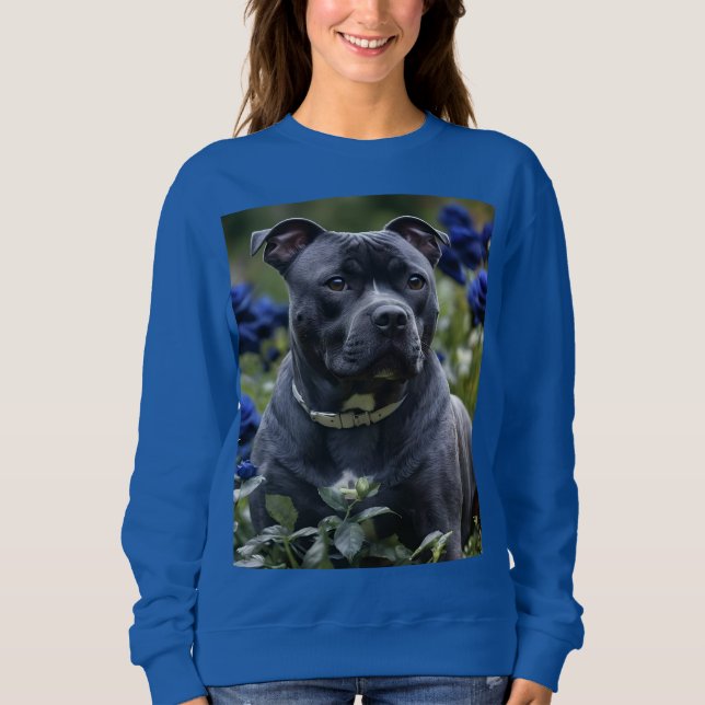 "Blue Brindle Beauty: A Staffy With Blue Roses Sweatshirt (Front)