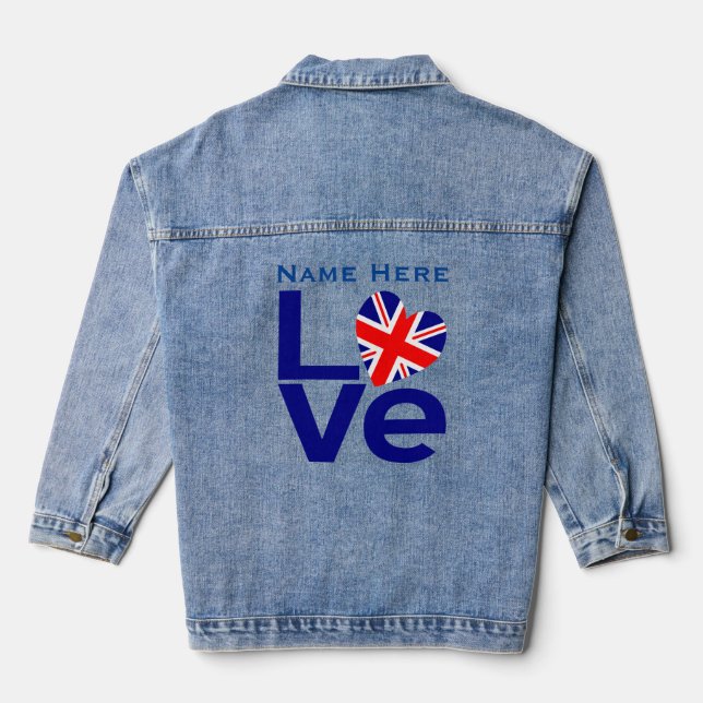 Blue British LOVE Heart Flag Personalised  Denim Jacket (Back)