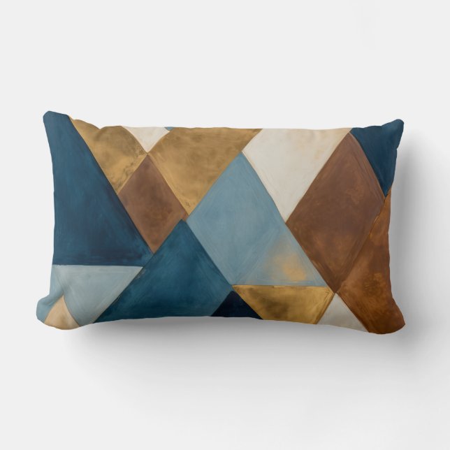 Blue bronze cream and gold geometric abstract lumbar cushion (Front)