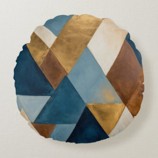 Blue bronze cream and gold geometric abstract round cushion