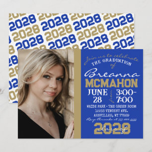 Blue & Bronze Gold Graduation Photo Invitation