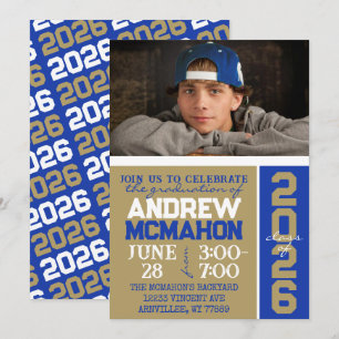 Blue & Bronze Gold Graduation Photo Invitation