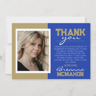 Blue & Bronze Gold Graduation Photo Thank You Card