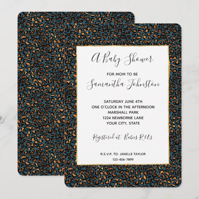Blue Bronze Leopard Print Invitation (Front/Back)