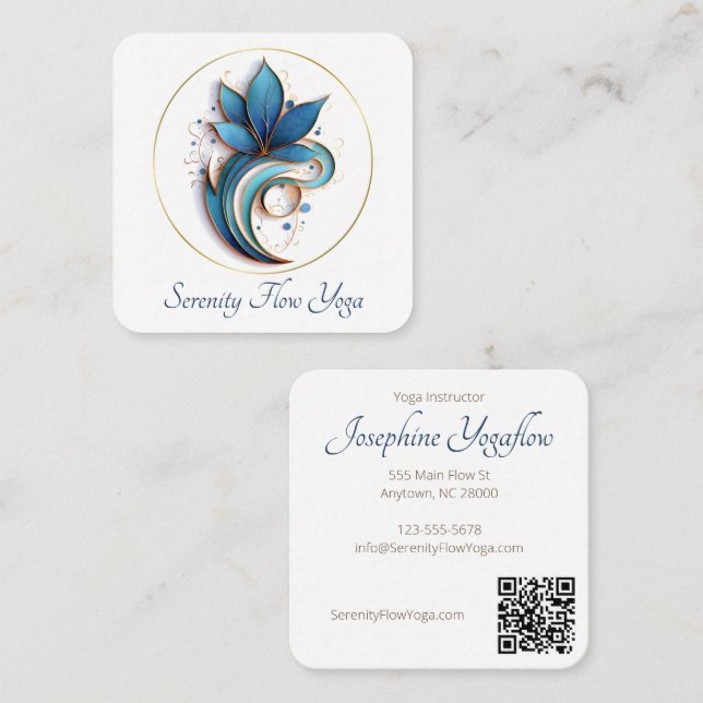 Blue Brown Abstract Lotus Elegant stylish QRC Square Business Card (Front/Back)