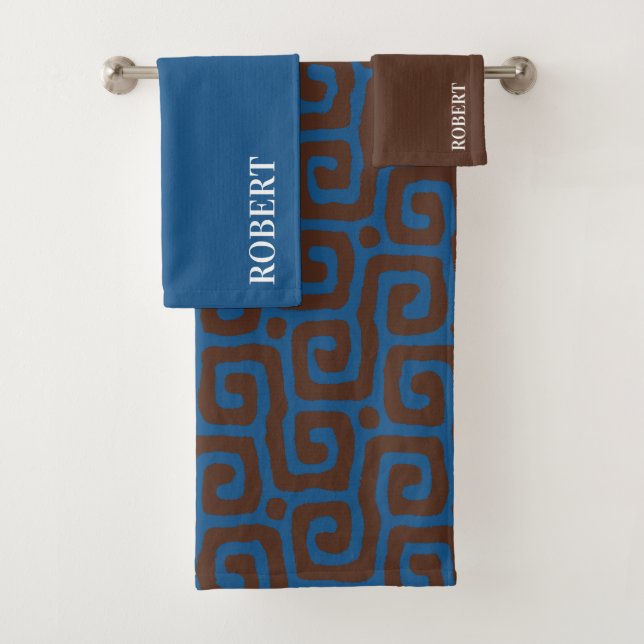  Blue &Brown Abstract Pattern Custom Name Bath Towel Set (Insitu)