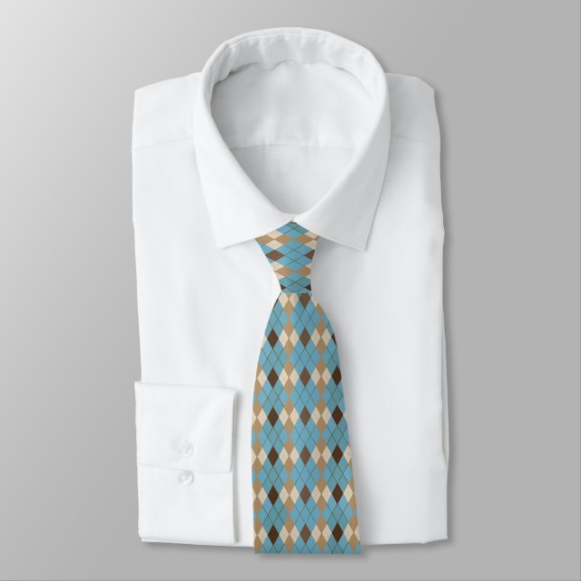 Blue Brown and Beige Diamond Pattern Tie (Tied)