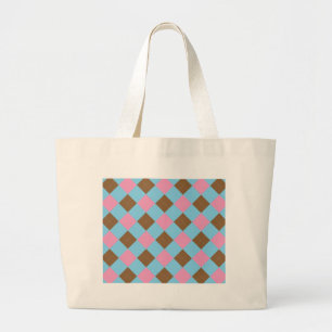 Blue, brown and pink plaid pattern large tote bag