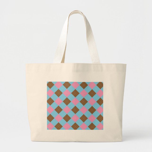 Blue, brown and pink plaid pattern large tote bag (Front)