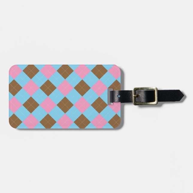 Blue, brown and pink plaid pattern luggage tag (Front Horizontal)