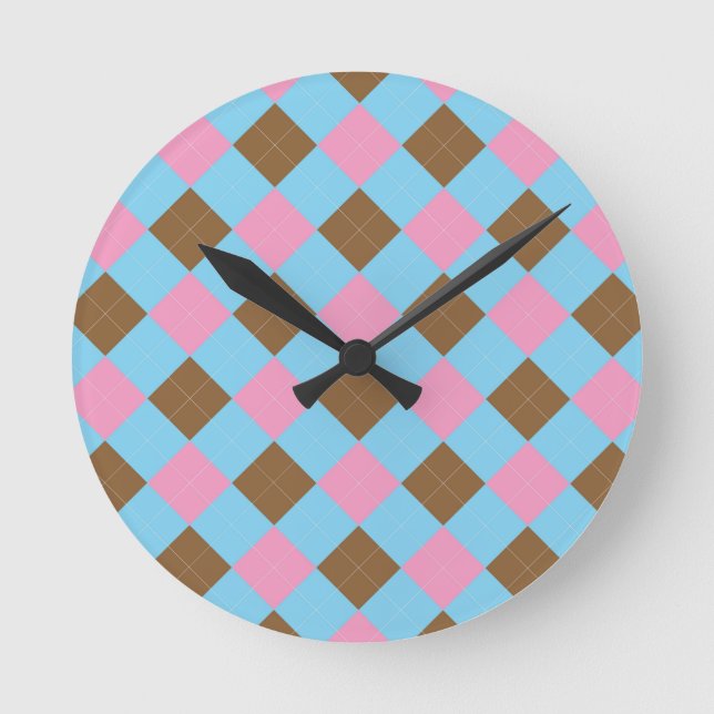 Blue, brown and pink plaid pattern round clock (Front)