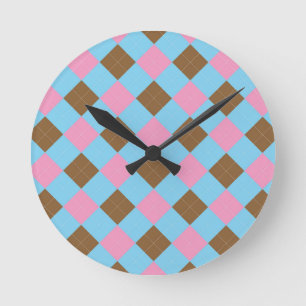 Blue, brown and pink plaid pattern round clock