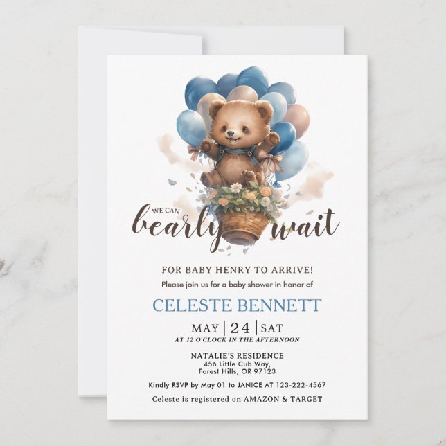 Blue Brown Balloon Bear Baby Shower Invitation (Front)