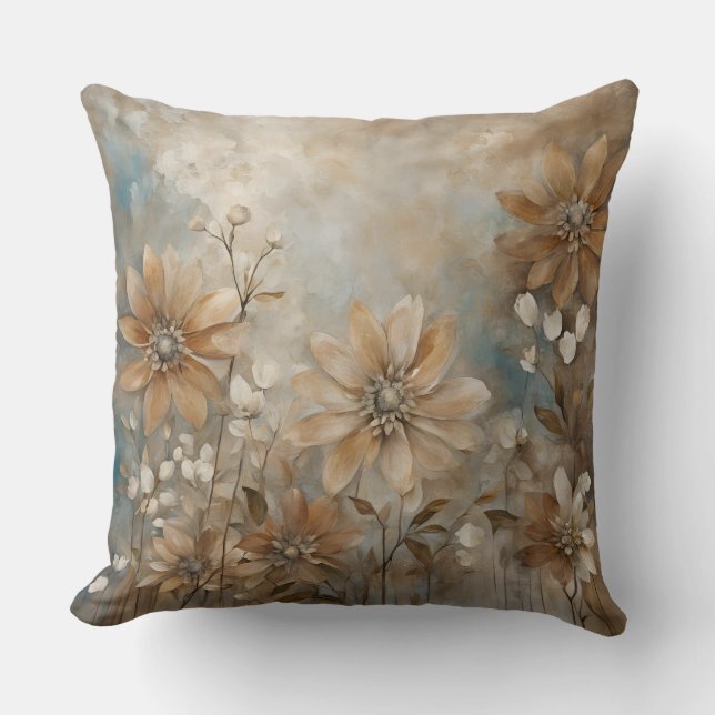 Blue Brown Beige Farmhouse Floral Throw Pillow (Front)