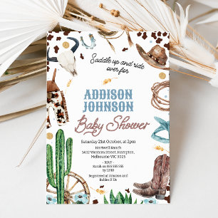 Blue Brown Boys Western Rodeo Baby Shower Invitation