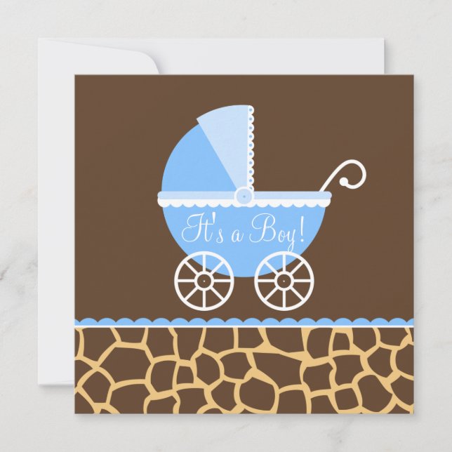 Blue Brown Carriage Giraffe Boy Baby Shower Invitation (Front)