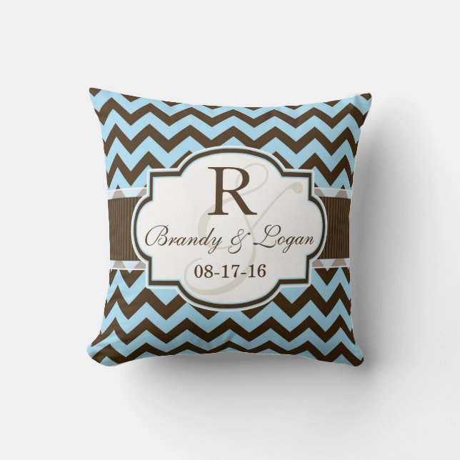 Blue & Brown Chevron Stripes Wedding Cushion (Front)