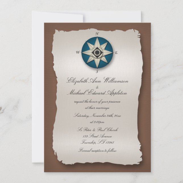 Blue & Brown Compass Wedding Invitations (Front)