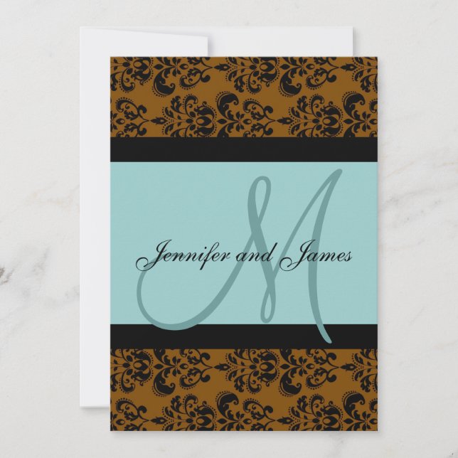 Blue Brown Damask Monogram Wedding Invitation (Front)