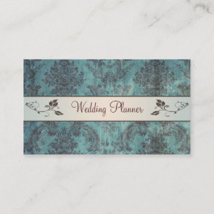 Blue brown damask Wedding Planner Business Card