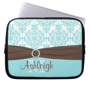 Blue Brown Damask with FAUX Ribbon Laptop Sleeve