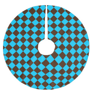 Blue Brown Diamond Chequered Pattern Brushed Polyester Tree Skirt