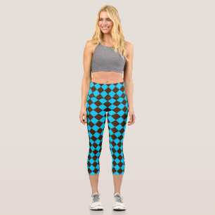 Blue Brown Diamond Chequered Pattern Capri Leggings